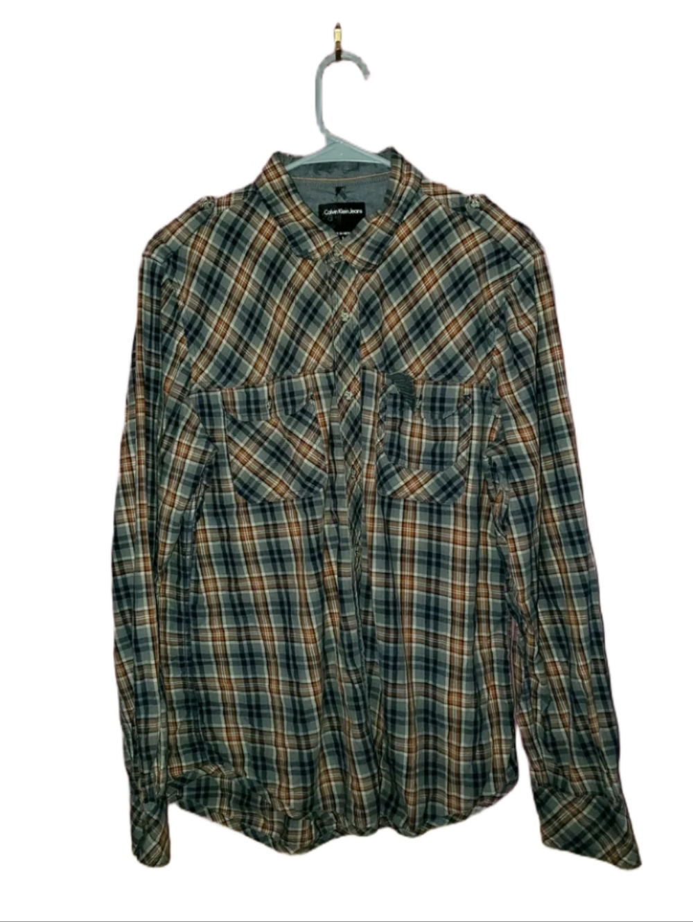 Calvin Klein Jeans Blue and Tan Plaid Button-Front Shirt